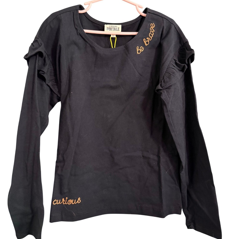 Finding Foxtale Kids Black Long‎ Sleeve Ruffle Shoulder Tee Shirt Size 8